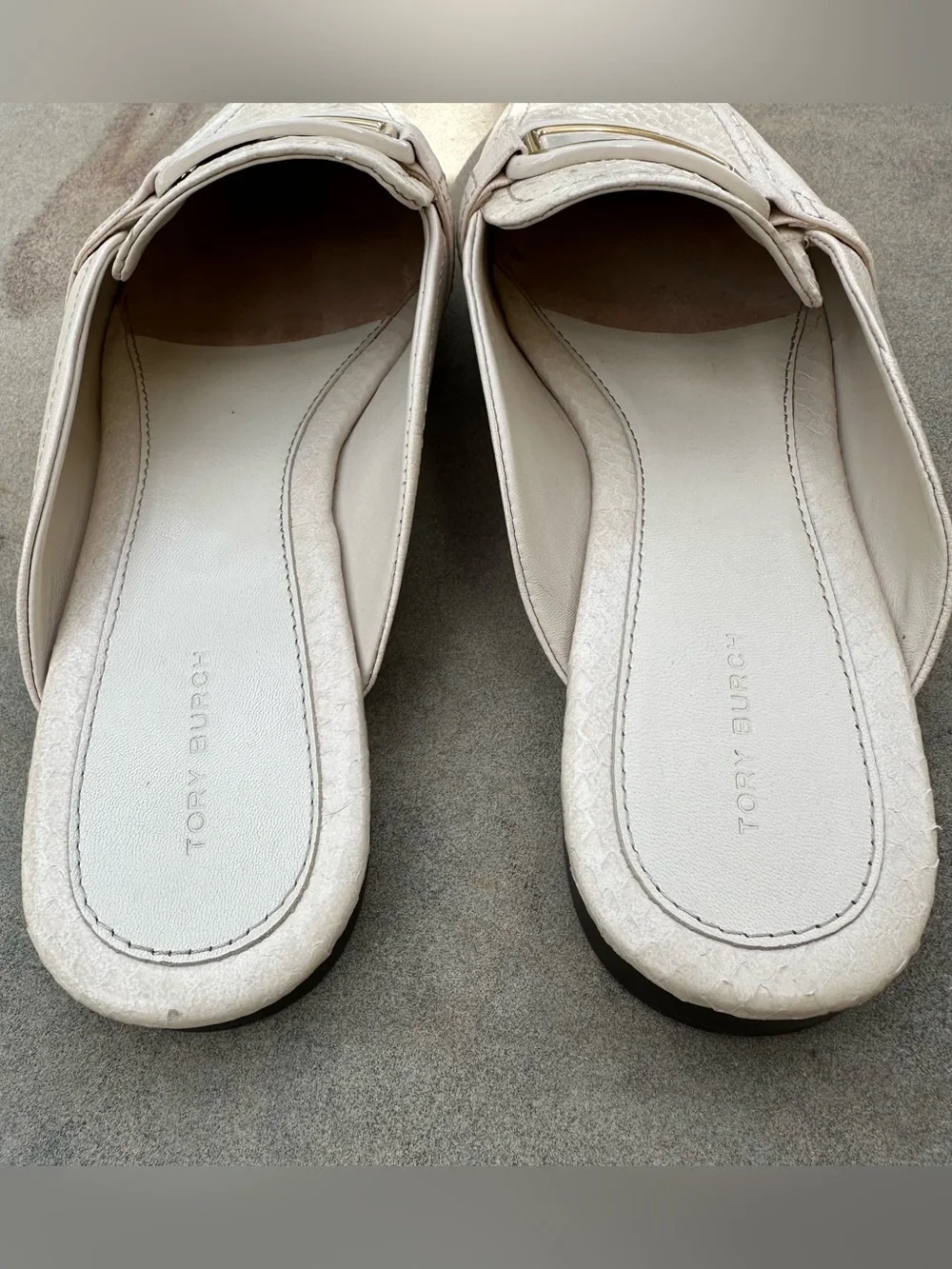 Tory Burch Georgia Backless Loafer Mules Cream Snake Embossed Logo Buckle NEW 10